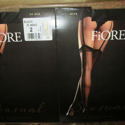 2 PAIR FIORE DIVA BACKSEAM FRENCH HEEL GARTER STOCKINGS 3 SIZES BLACK 20 DENIER